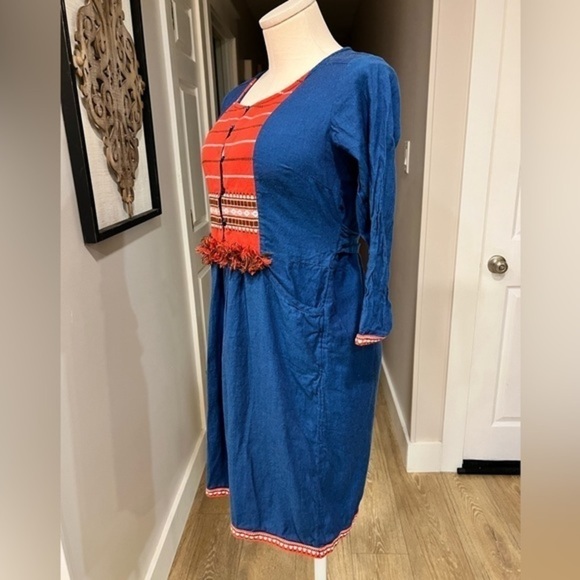 Melange Colour Me 100% Cotton Blue Long Sleeve Dress with Red Bib - Picture 5 of 15
